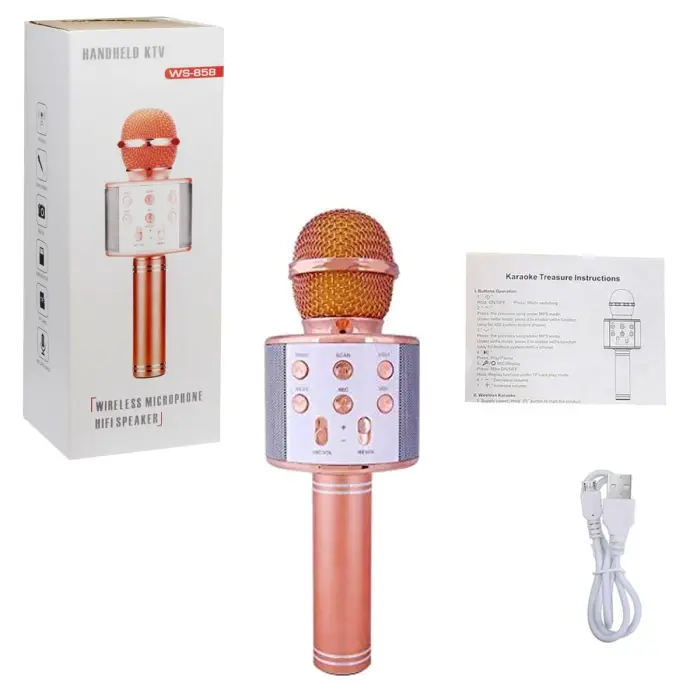Уцінка. Бездротовий мікрофон С 48340 (50) 4 кольори, караоке, bluetooth, USB, колонка, в коробці Слабкий звук та коли лунає після голосу взагалі не чути