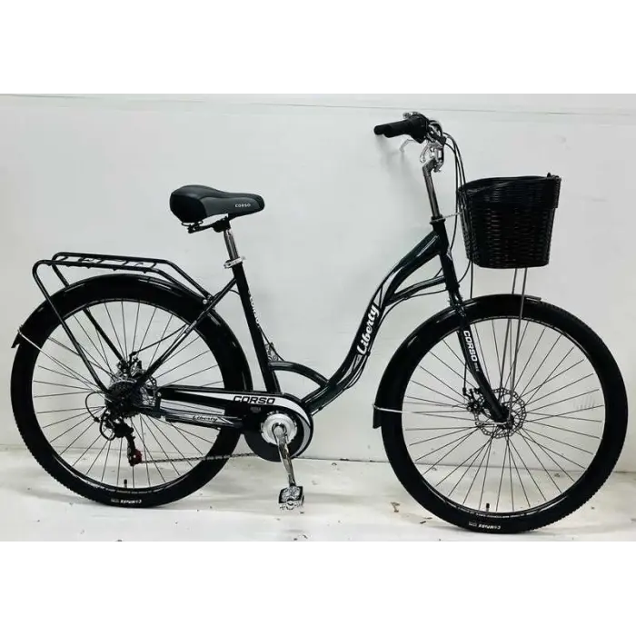 Велосипед міський Corso «Liberty» 28’’ дюймів + КОШИK, ТЕМНО-ЗЕЛЕНИЙ, сталева рама 20``, 7 швидкостей, корзина, багажник