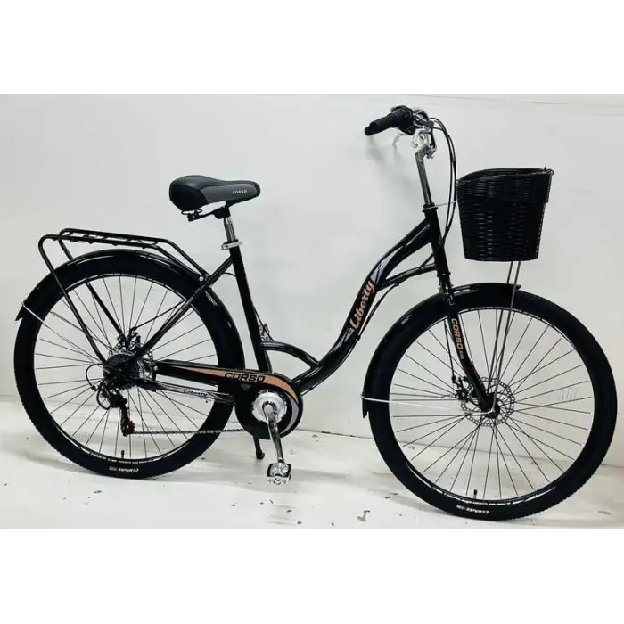 Велосипед міський Corso «Liberty» 28’’ дюймів + КОШИK, ЧОРНИЙ, сталева рама 20``, Shimano 7 швидкостей, корзина, багажник