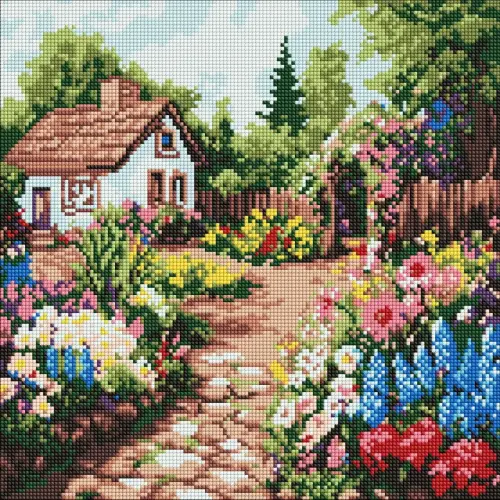 Алмазна мозаїка "Квіткові клумби біля будинку", 40х40 см.