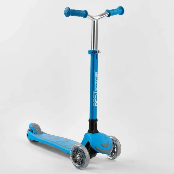 Самокат триколісний Y-00180 (4) Best Scooter, БЛАКИТНИЙ, складне алюмінієве кермо, 4 колеса PU зі світлом, d = 12 см