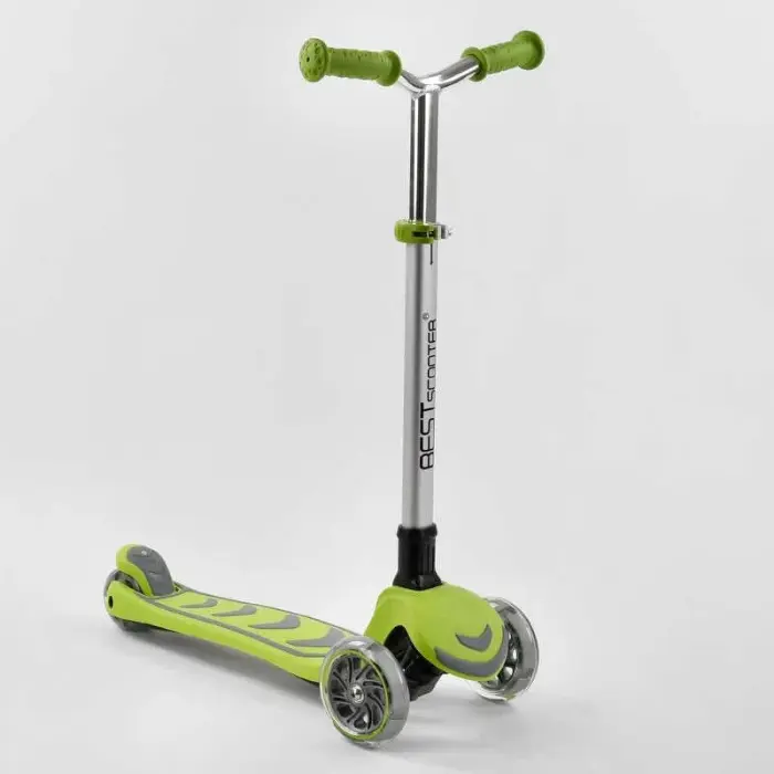 Самокат трехколесный Y-00436 (4) Best Scooter, САЛАТОВЫЙ, складной алюминиевый руль, 4 колеса PU со светом, d=12 см