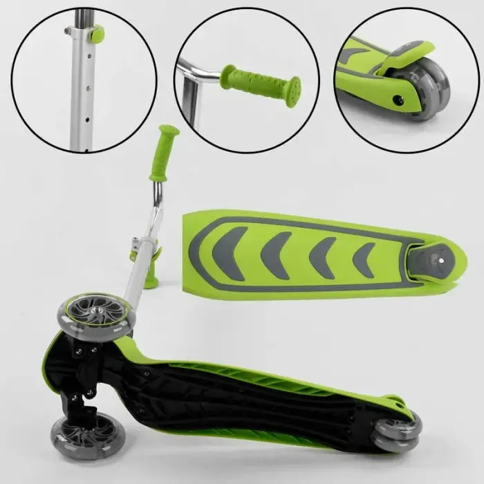 Самокат трехколесный Y-00436 (4) Best Scooter, САЛАТОВЫЙ, складной алюминиевый руль, 4 колеса PU со светом, d=12 см