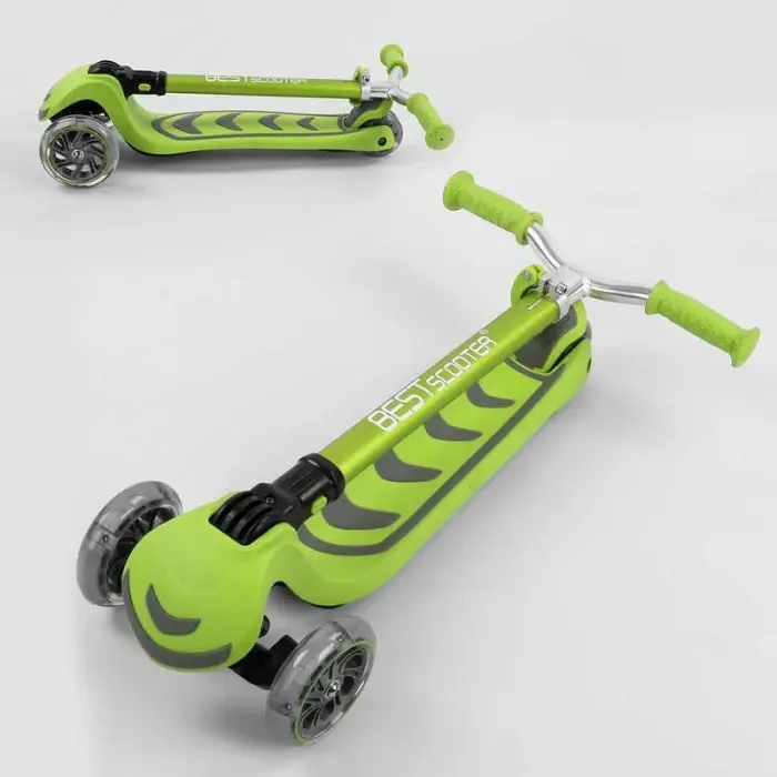 Самокат трехколесный Y-00436 (4) Best Scooter, САЛАТОВЫЙ, складной алюминиевый руль, 4 колеса PU со светом, d=12 см