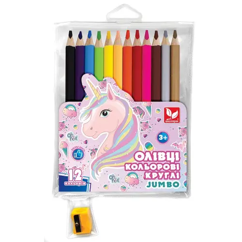 Олівці кольорові круглі Джамбо Unicorn 12 кольорів + чинка