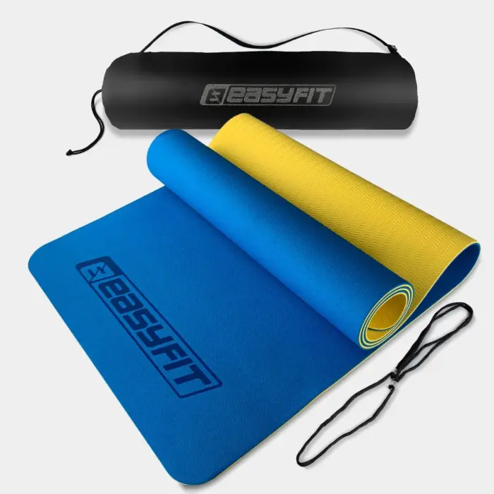 Килимок для йоги та фітнесу EasyFit TPE+TC 6 мм двошаровий + Чохол синій-жовтий