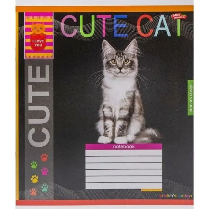 Зошит КОЛЬОРОВИЙ на 12 аркушів КЛІТИНКА "CUTE CAT" (20 ШТ)