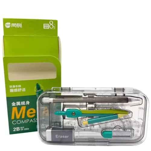 Канцелярський набір: циркуль, механічний олівець, гумка, транспортир, лінійка 15 см, трикутник 60ʼ, трикутник 45ʼ. Тубус із запасними грифелями до олівця. (ЗЕЛЕНИЙ)