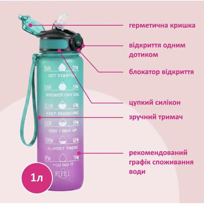 Пляшка для води 1000 мл, трубочка, в пакеті (РОЖЕВА)