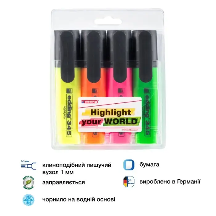 Маркер Highlighter e-345 набор 4 шт. (блистер PVC)
